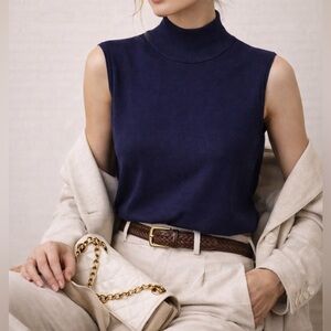 Vintage Y2K Silk Blend Sleeveless Mock‎ Neck Top Navy Blue Large NWT Mainbocher